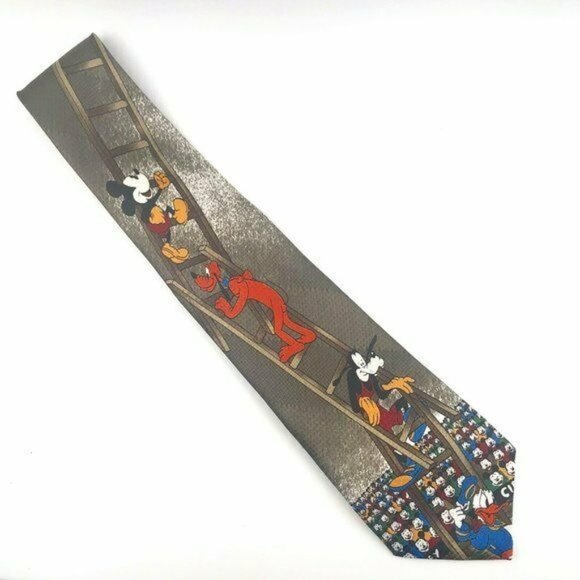 Vintage A.P.C Necktie Mickey Pluto Goofy Donald Duck Climbing Ladder 56.5" - Picture 1 of 8